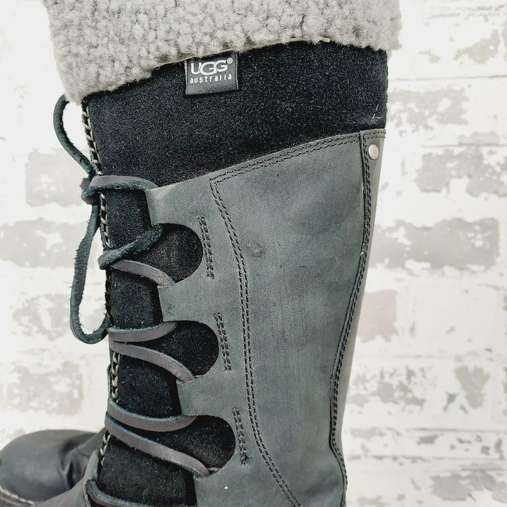 UGG Torrey Black Leather Knit Tall Pull on Winter Snow Boots V704 - Picture 2 of 12